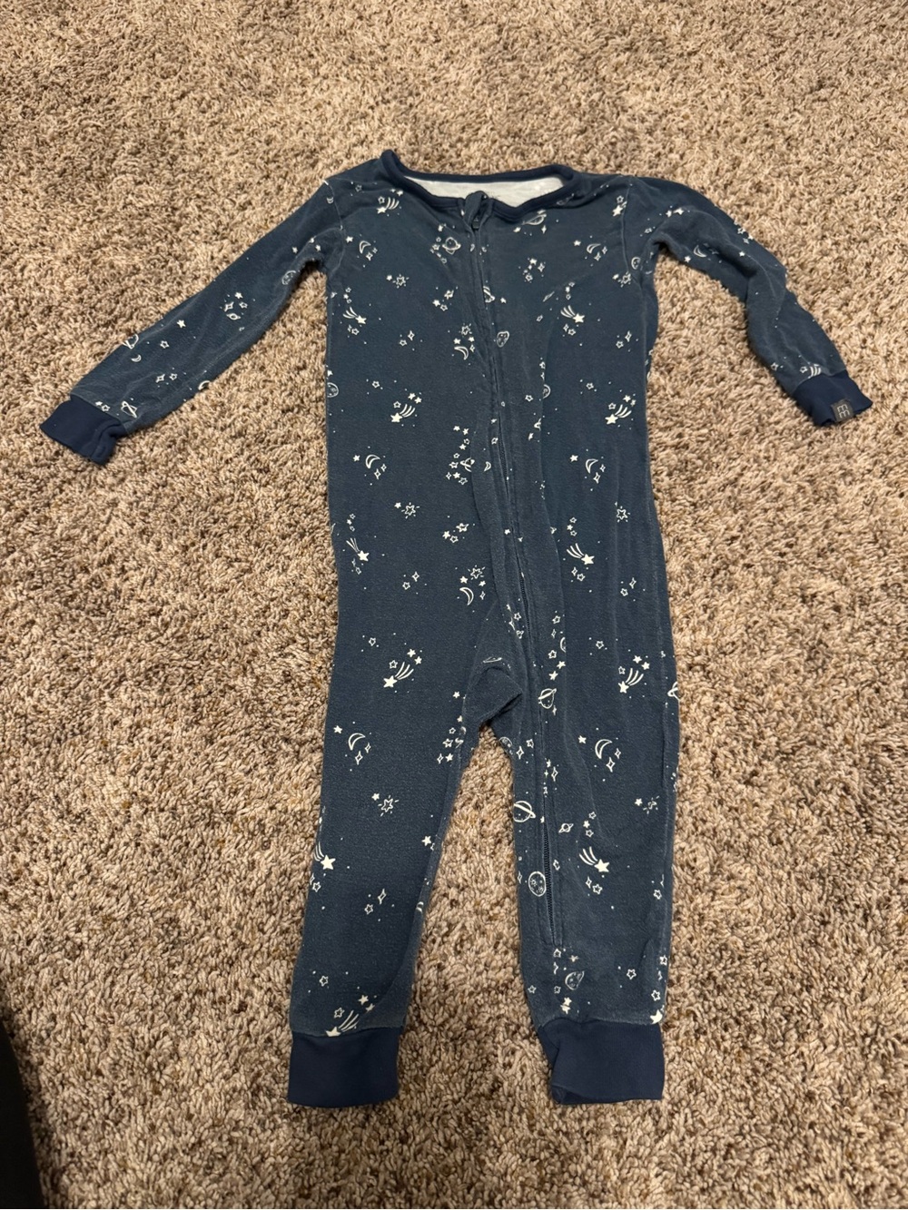 Children's Navy Space-Print Footed One-Piece Pajama with Front Zipper